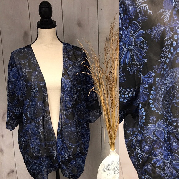 Floral Sheer Flowy Kimono Duster Black & Blue M/L - Picture 1 of 6